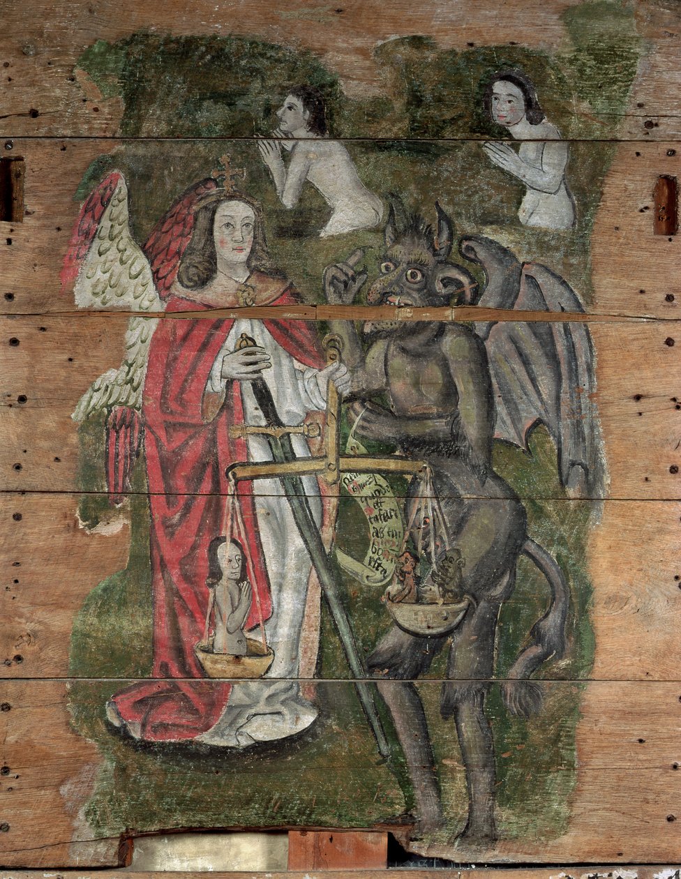 Szent Mihály és az ördög, a Wenhaston Doomból, 1500-20 körül (festett fa) alkotó: English School