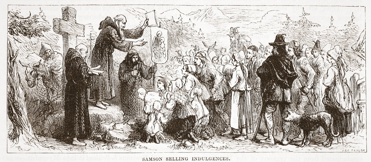 Samson Selling Indulgences, illusztráció: A protestantizmus története, James Aitken Wylie (1808-1890), pub. 1878 alkotó: English School