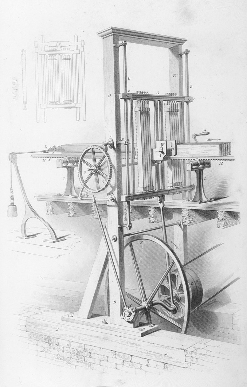 Fűrész a fűrészmalomban a Cyclopaedia of Useful Arts & Manufactures-ból, Charles Tomlinson szerkesztette, 1880-as évek körül alkotó: English School