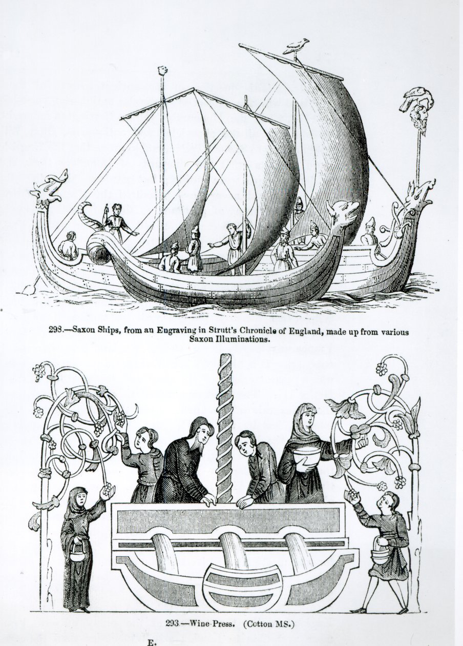 Szász hajó, a Strutts Chronicle of England metszetéből és egy borprésből alkotó: English School