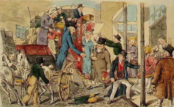 Jelenet egy fogadó udvarán, Egy autóbusz érkezése, 1820 körül (toll, tinta és akvarell papíron) alkotó: English School