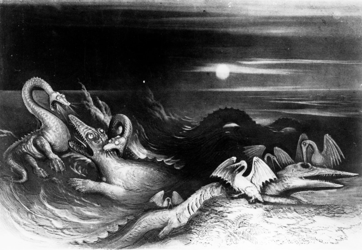 Tengeri szörnyek harca, Thomas Hawkins „The Great Sea Dragons” című filmjéből, 1840 (bw fotó) alkotó: English School