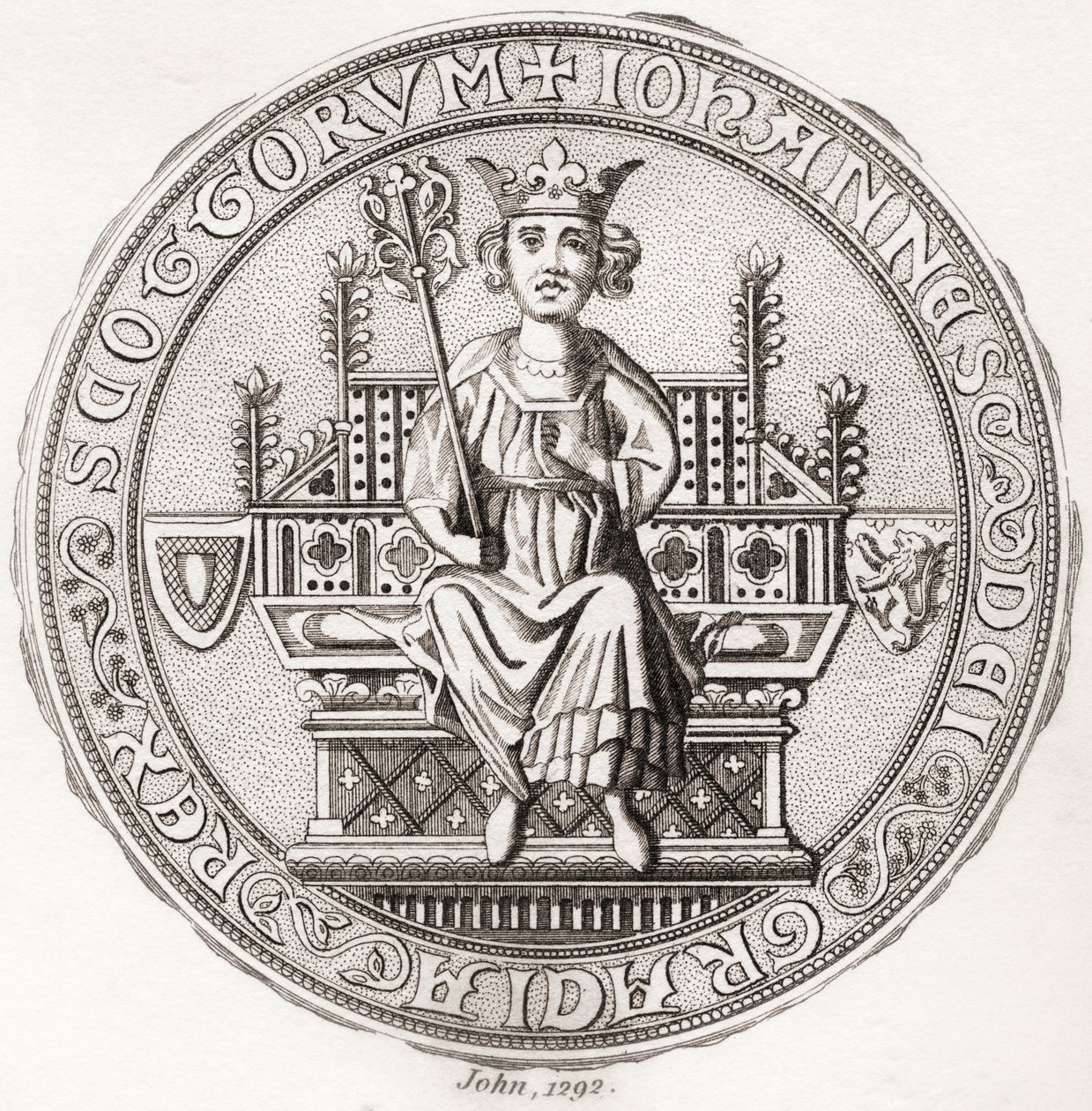 John Balliol pecsétje, kb.?1249 1314, más néven Toom Tabard, skót az "üres kabát" szóval, skót király. Az 1797-ben megjelent Iconographia Scotica vagy Skócia jeles személyeinek portréiból. alkotó: English School