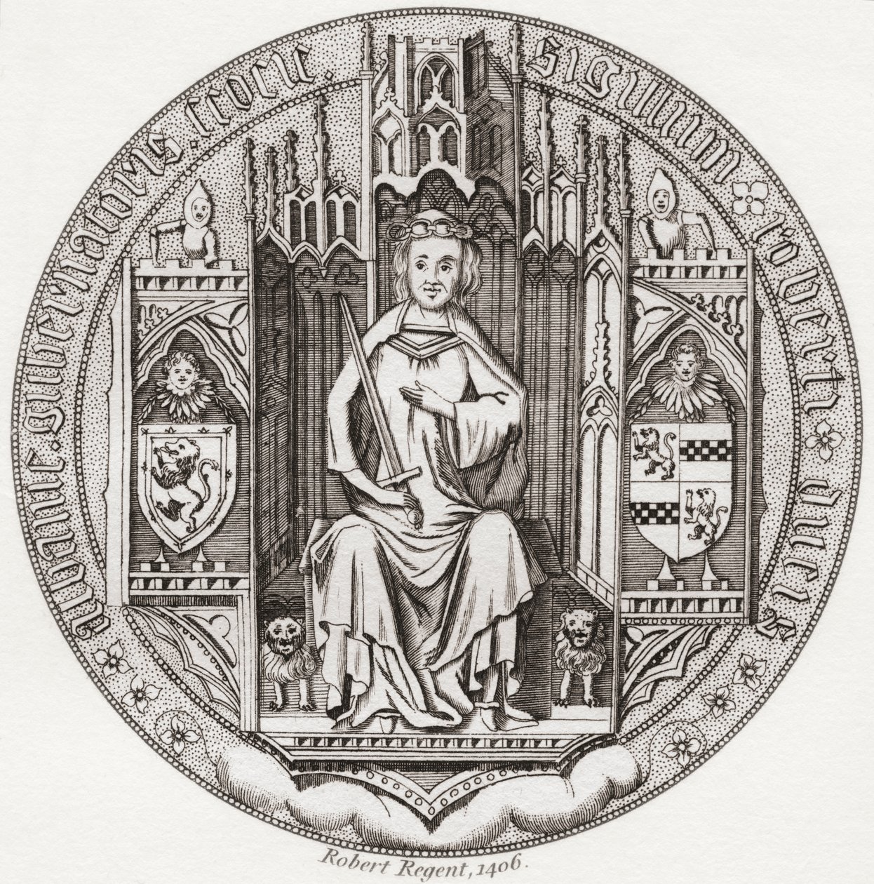 Robert Stewart, Albany hercegének pecsétje, c. 1340 1420. A skót királyi ház tagja, régens, Skócia kormányzója, Albany hercege, Fife és Menteith grófja. Az 1797-ben megjelent Iconographia Scotica vagy Skócia jeles személyeinek portréiból. alkotó: English School