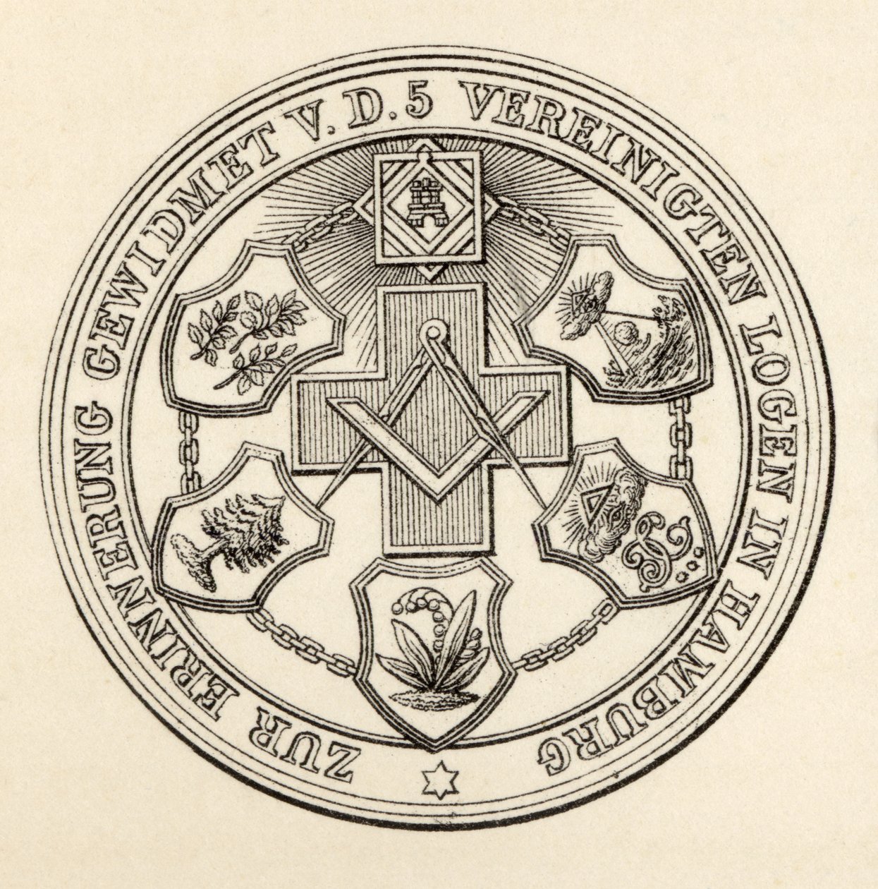 A hamburgi szabadkőművesek pecsétje a „The History of Freemasonry III. kötetből”, Thomas C. Jack, London, 1883 alkotó: English School