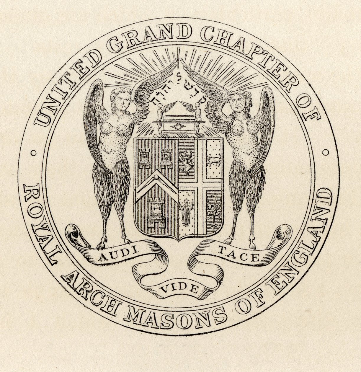 Az angol királyi kőművesek egyesült nagykáptalanjának pecsétje, 1817, „The History of Freemasonry, II. kötet”, Thomas C. Jack, London, 1883 alkotó: English School