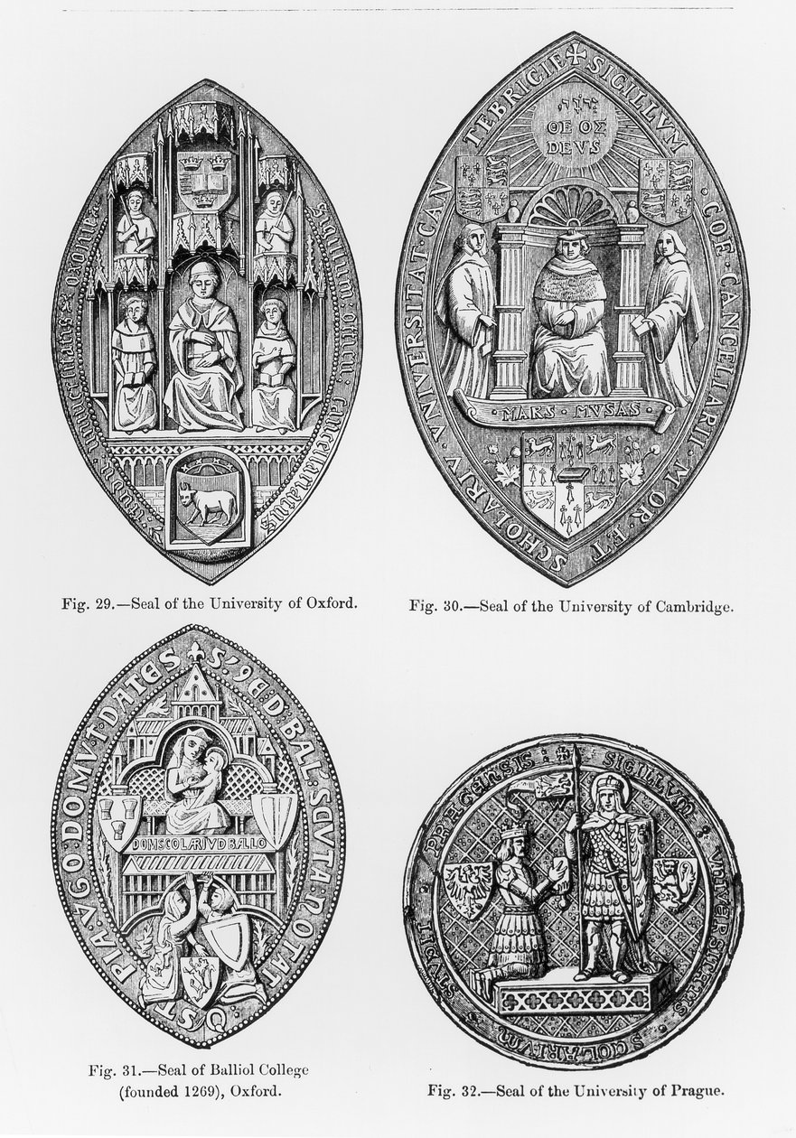 Az Oxfordi Egyetem, Cambridge, Balliol College, Oxford és a Prágai Egyetem pecsétjei, illusztráció a középkor és a reneszánsz tudományából és irodalomból, írta Paul Lacroix alkotó: English School