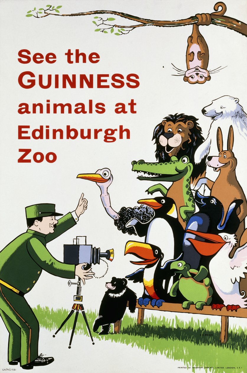 Lásd a Guinness-állatokat az Edinburgh-i Állatkertben, 1938 körül (színes litográfia) alkotó: English School