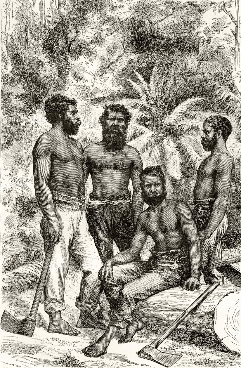 Félcivilizált viktoriánus aboriginek, Howard Willoughby "Australian Pictures" című művéből, kiadta a Religious Tract Society, London, 1886. alkotó: English School