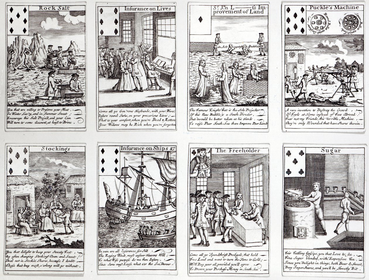 Aktuális kereskedelmi vállalkozások és befektetések szatirikus jeleneteit ábrázoló játékkártyakészlet, 1720 körül alkotó: English School