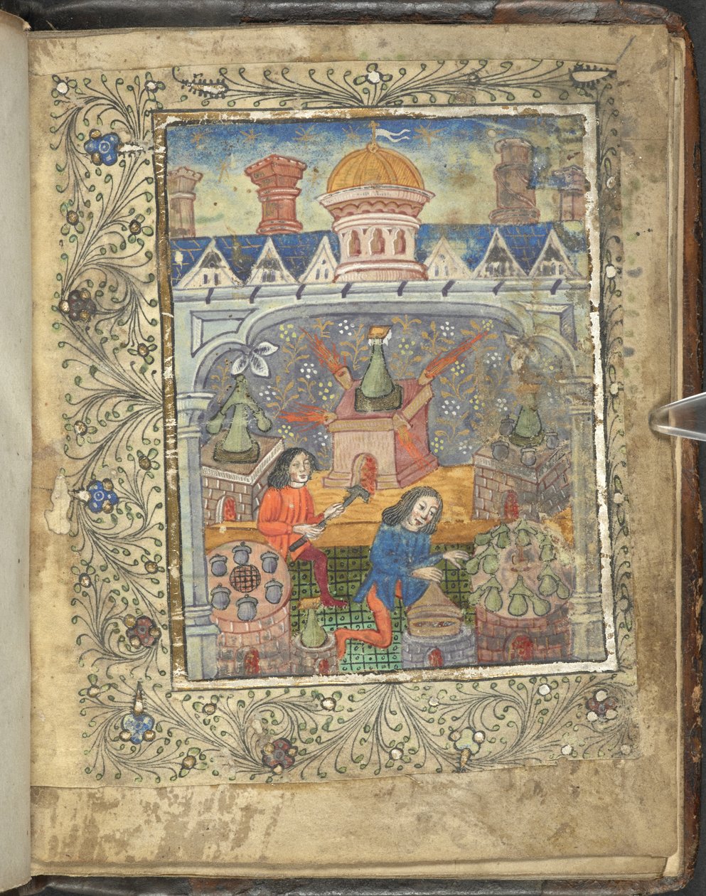 Hét kemence leállításokkal, két ember által gondozott, kupolával és kéményekkel ellátott tető alatt, az „Alkímia ordináljából” (vellum) alkotó: English School