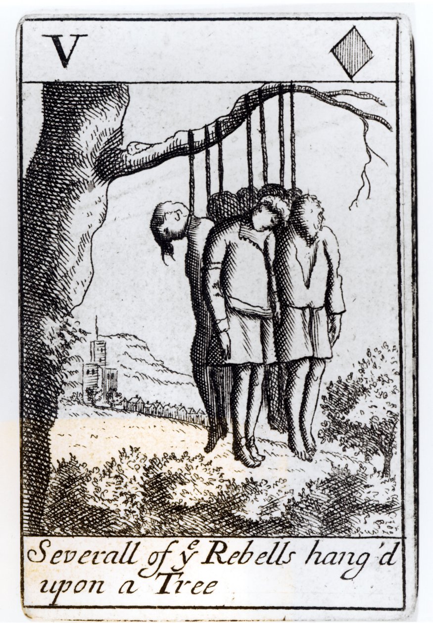 Több lázadót felakasztottak egy fára, öt szívű kártya az 1685-ös Monmouths-lázadás emlékére. alkotó: English School