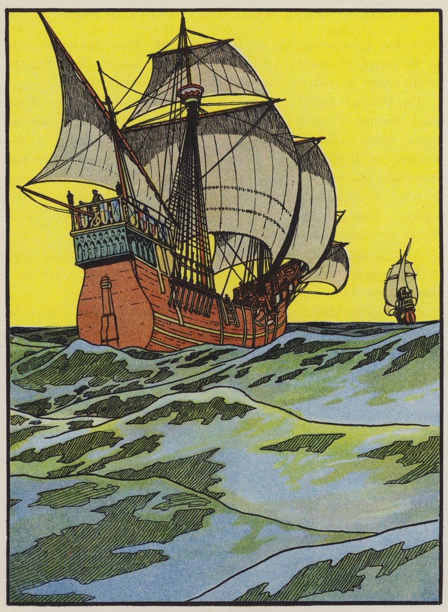Kolumbusz Kristóf hajói az Atlanti-óceánon (színes litográfia) alkotó: English School