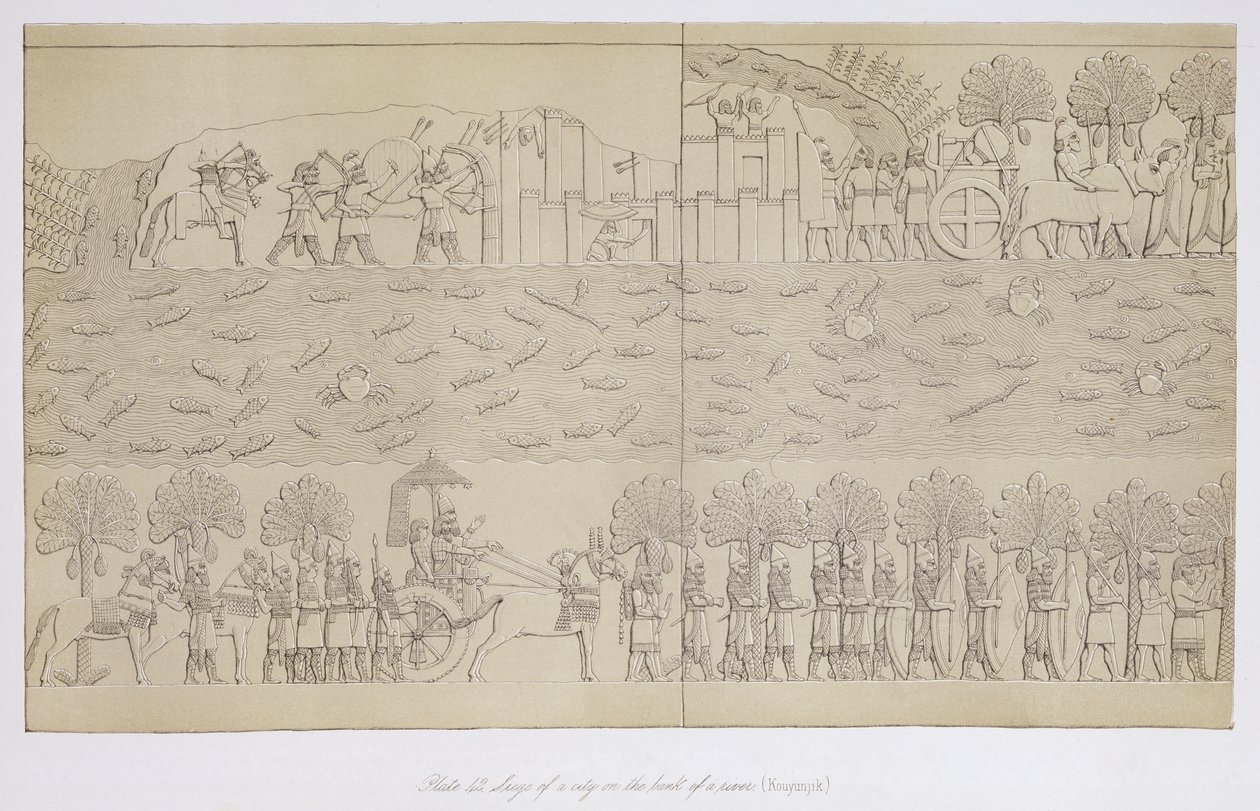 Egy város ostroma egy folyó partján, Ninive 42-es táblája és maradványai, Austen Henry Layard (1817-94) 1849-ben alkotó: English School