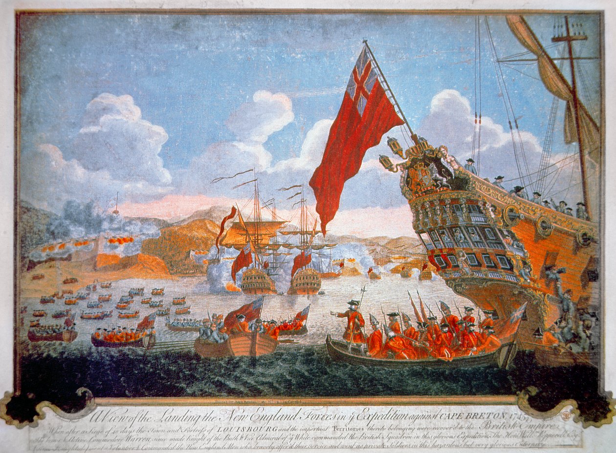 Louisbourg francia erődjének ostroma 1745-ben brit hajók és új-angliai gyarmatiak által (színes litho) alkotó: English School