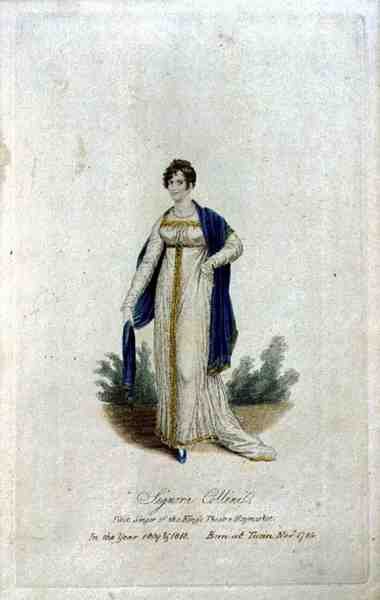 Signora Collini (sz.1784), a Haymarket-i Király Színház első énekesnője 1809-ben és 1810-ben (színes metszet) alkotó: English School