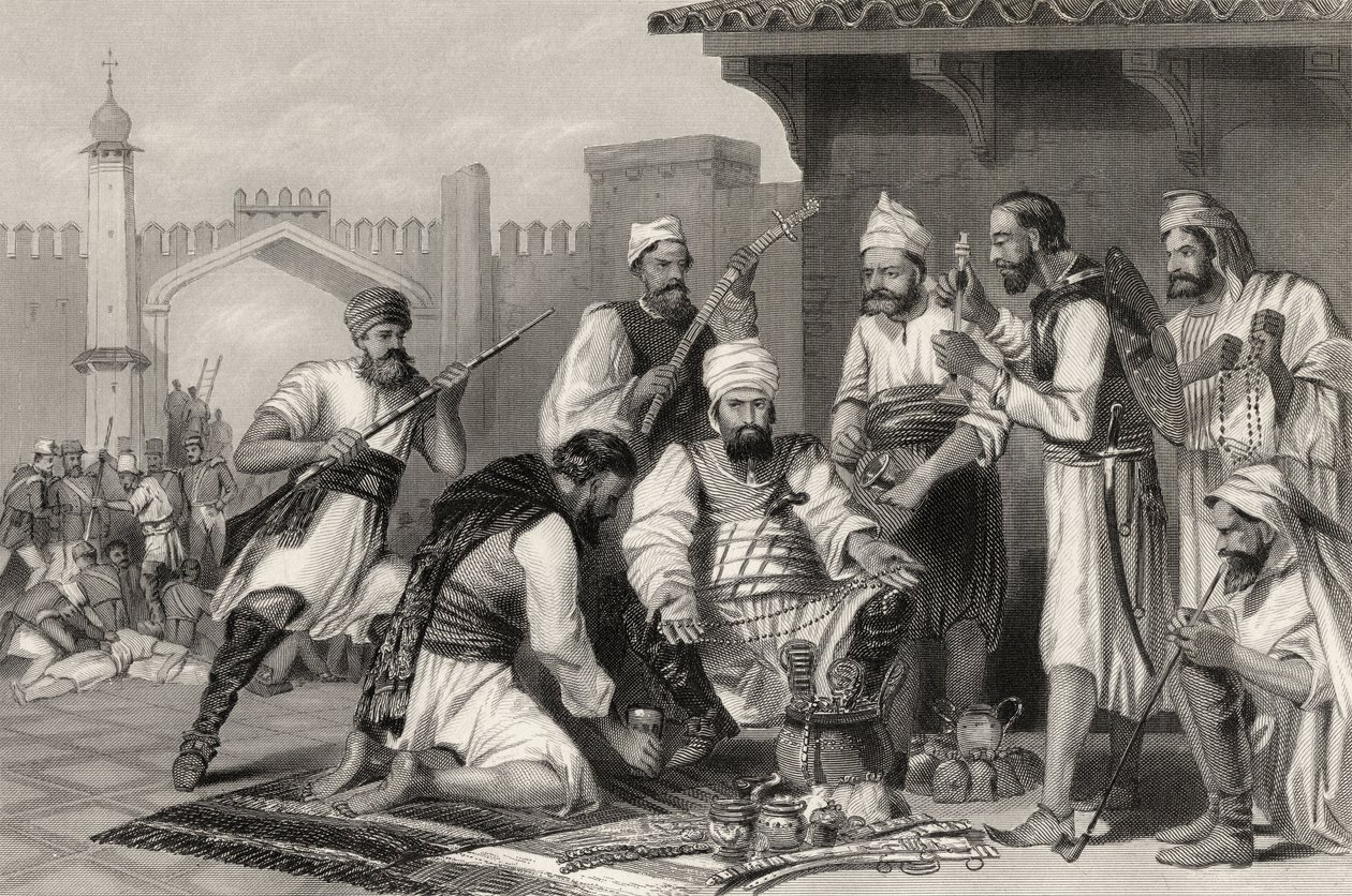 A szikh csapatok felosztják a lázadóktól elvett zsákmányt, az 1858-ban megjelent „Az indiai lázadás története” c. alkotó: English School