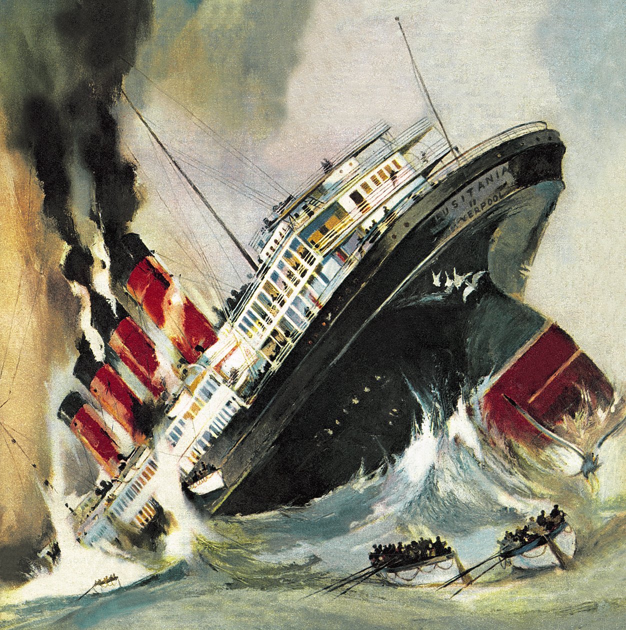 A Lusitania elsüllyedése 1915 májusában (litográfia) alkotó: English School