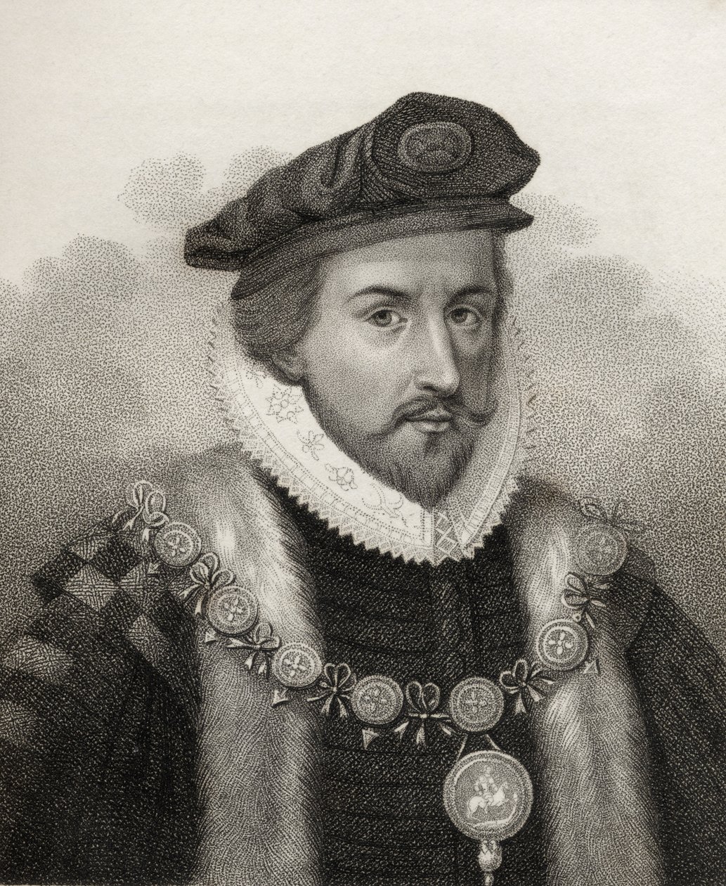 Sir Christopher Hatton, Bocquet metszete, illusztráció a „Királyi és nemes szerzők katalógusának II. kötetéből”, 1806-ban megjelent alkotó: English School