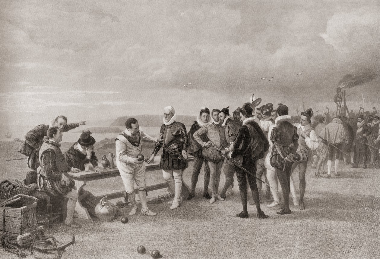 Sir Francis Drake tálat játszik, a spanyol Armadával az angliai Plymouth Hoe-ban 1588-ban. alkotó: English School