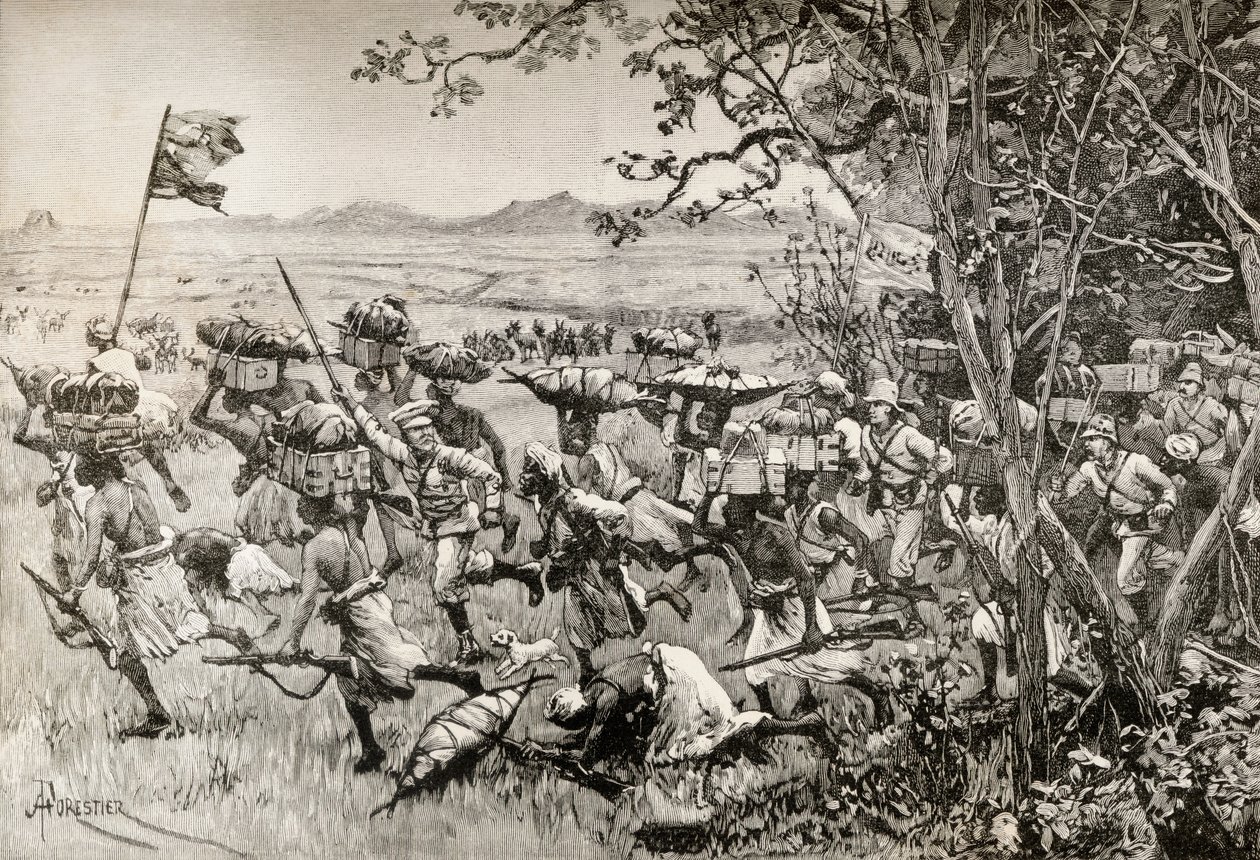 Sir Henry Morton Stanley és emberei 1887-ben, az afrikai Emin pasa segélyexpedíció során végre kijutnak az erdőből a füves területre. alkotó: English School