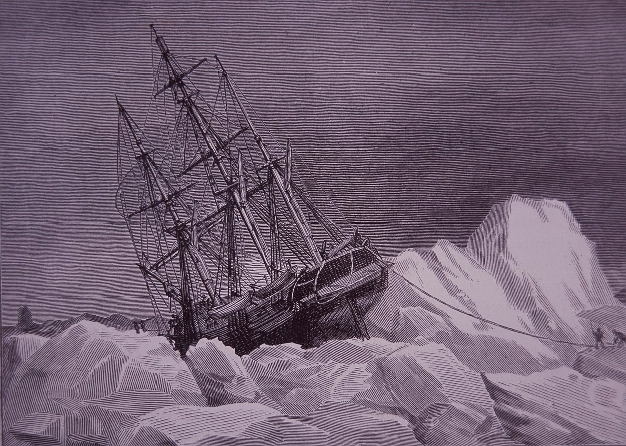 Sir John Franklin, 1845-ös expedíció a Northwest Passage megtalálására, a Terror hajó jégbe ragadt, 19. század vége (metszet) alkotó: English School