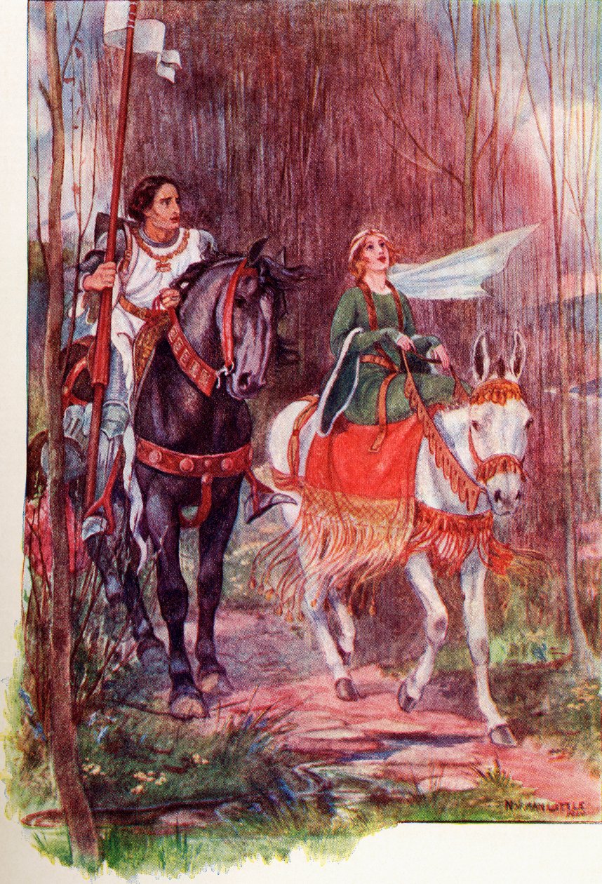Sir Lancelot and Queen Guinevere. Coloured illustration from the book The Gateway to Tennyson published 1910. alkotó: English School