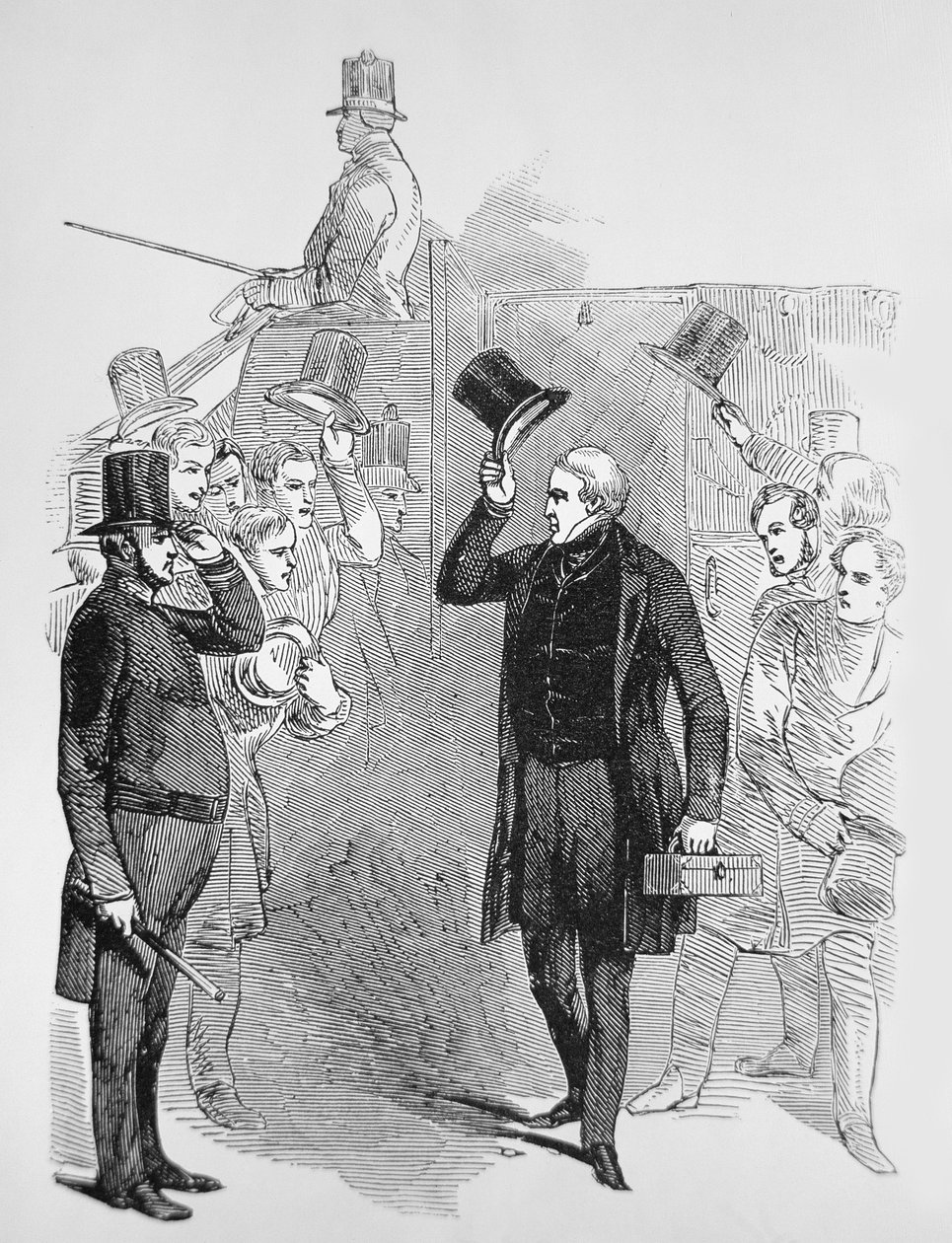 Sir Robert Peel megérkezik az alsóházba, egy „Hámozó” tisztelegve (metszet) alkotó: English School