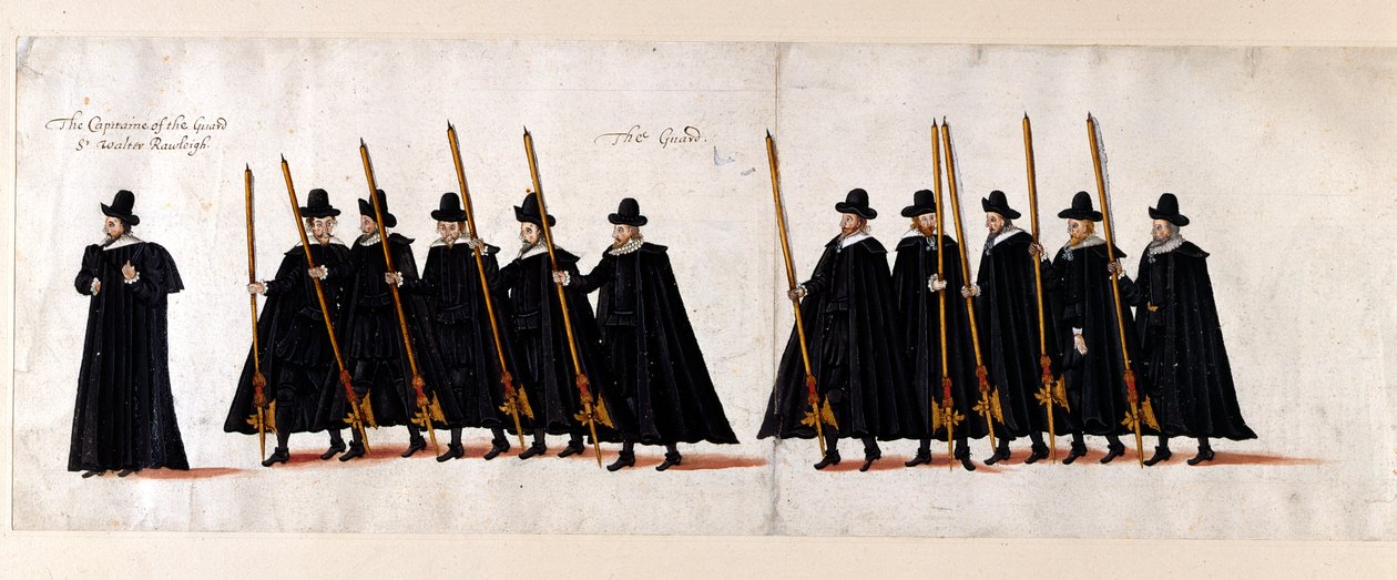 Sir Walter Raleigh, a gárda és a gárda kapitánya. I. Erzsébet királynő temetési menetének része a Westminster Abbey-be, 1603. április 28-án. alkotó: English School
