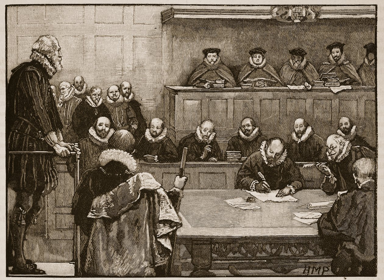Sir Walter Raleigh a bírák előtt, illusztráció a Cassells Illustrated History of Englandből (szépia fotó) alkotó: English School