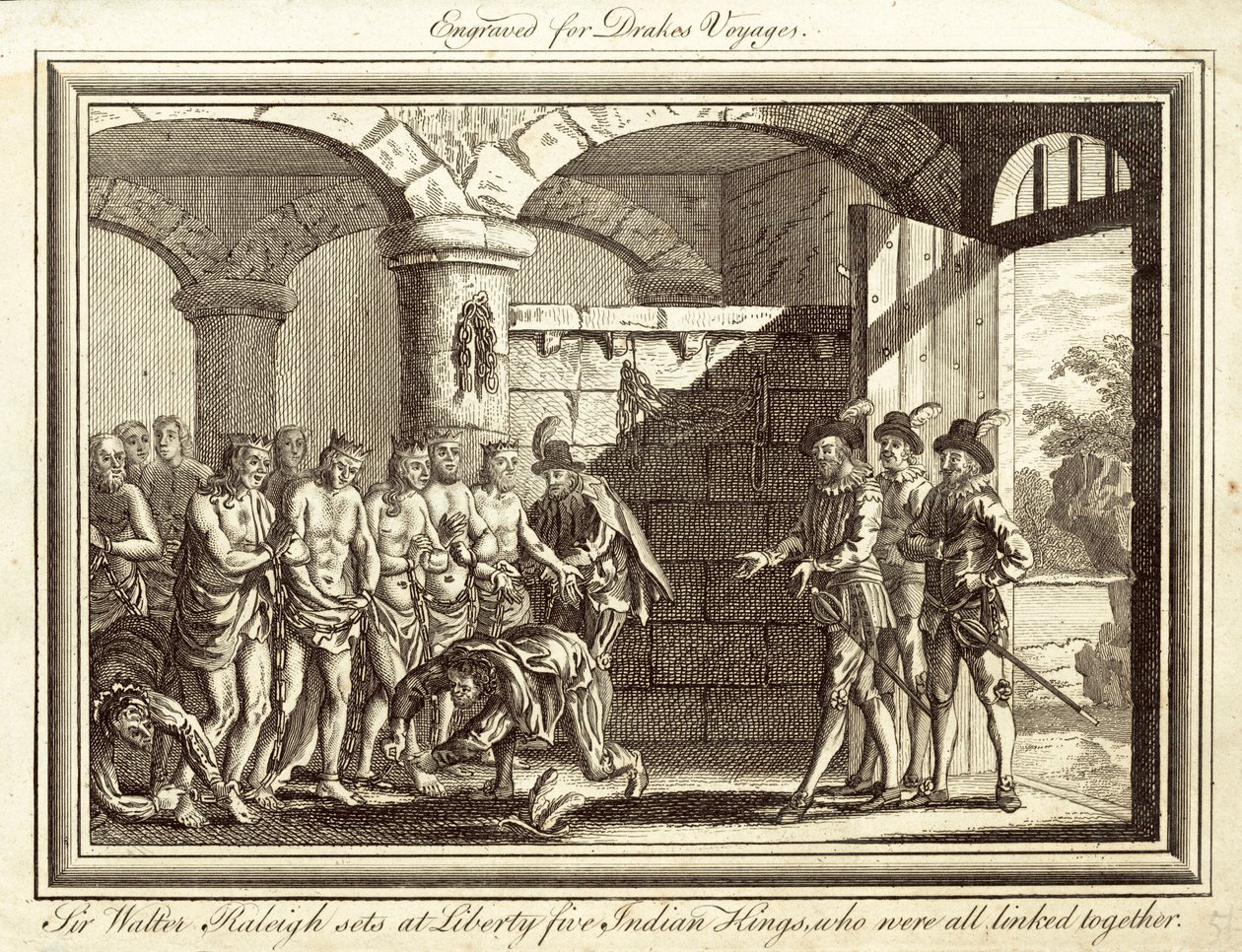 Sir Walter Raleigh szabadon enged öt indiai királyt, akiket összekötöttek (metszet) alkotó: English School
