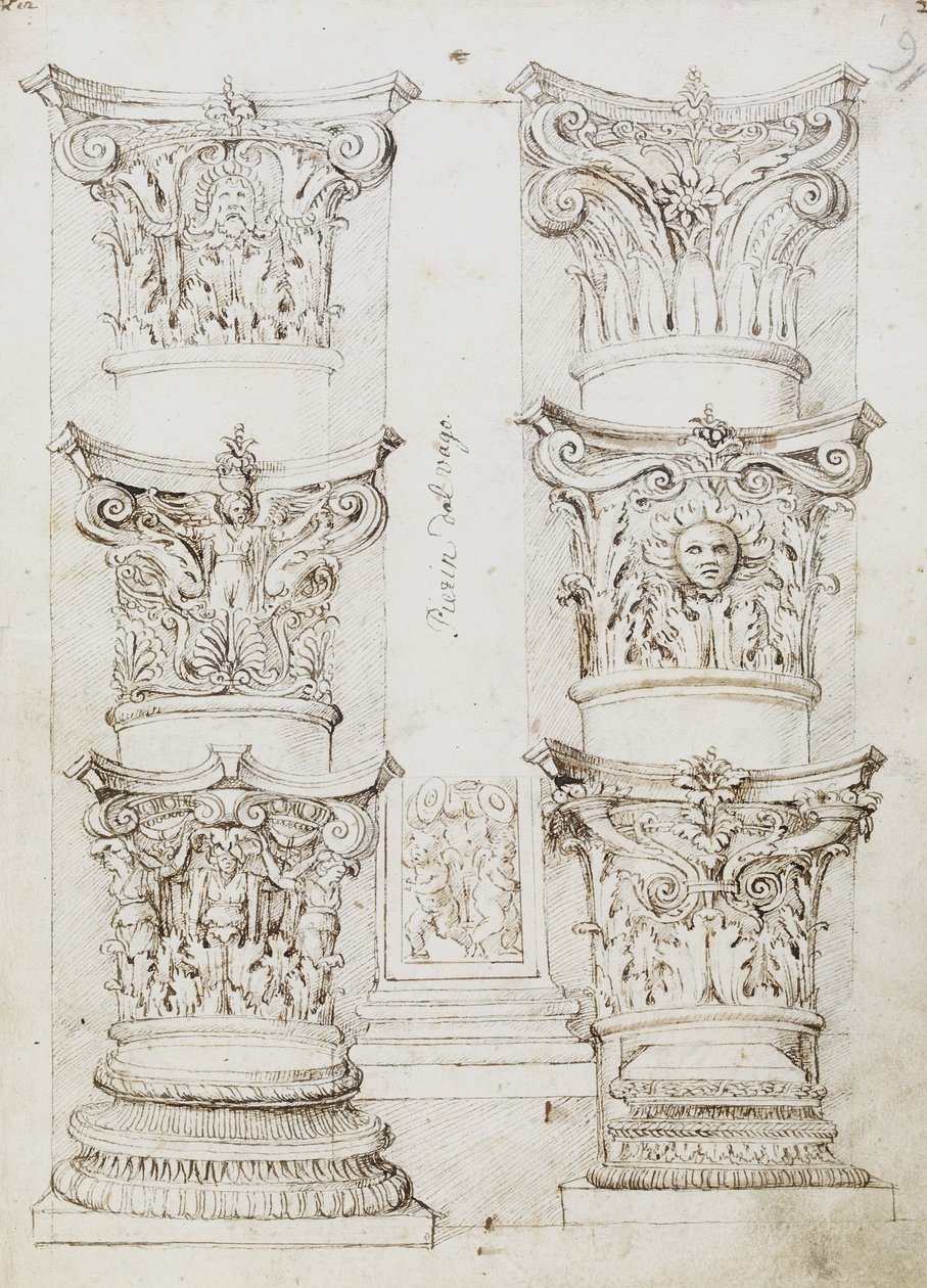Six Capitals, egy Lesene és Two Column Bases, Folio 1, The Master of the Oxford Album, 1512–1517 körül (toll és sötétbarna tinta) alkotó: English School