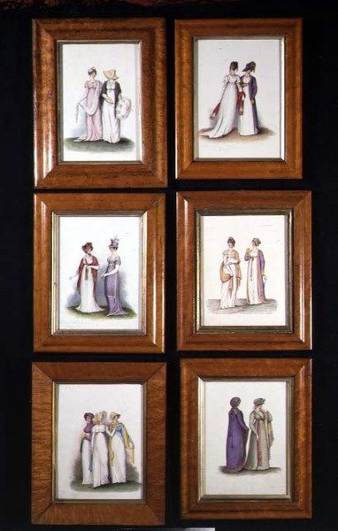 Hat miniatúra, amelyek 18. század végi és 19. század eleji női divatot ábrázolnak, 1825 körül (akvarell, papír) alkotó: English School