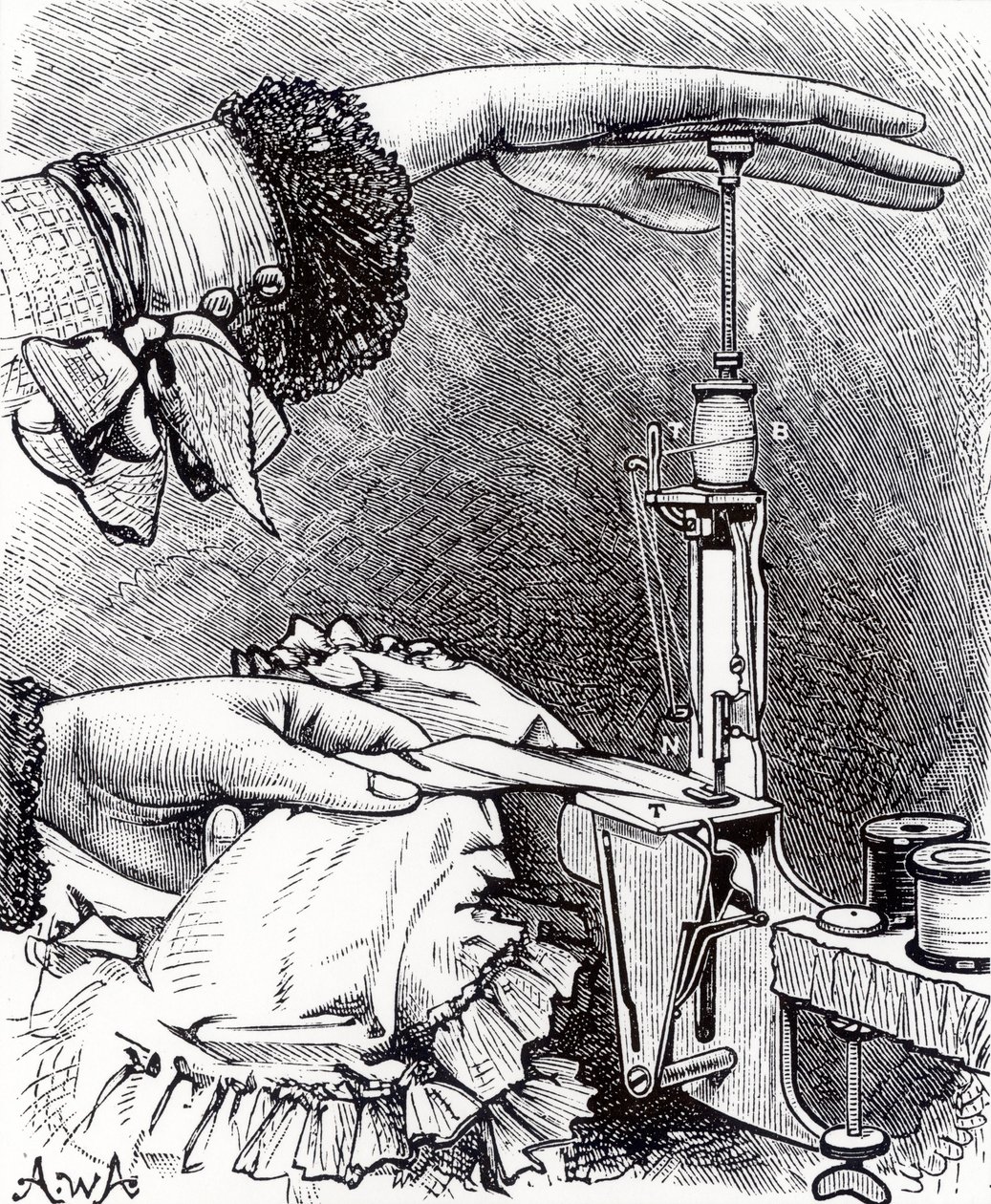 Kis zártöltésű varrógép, nyolc hüvelyk hosszú, 8 uncia súlyú, a Cassells Family Magazine-tól, 1886-ban alkotó: English School
