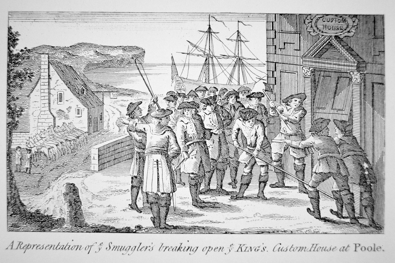 Csempészek feltörték a király vámházát, Poole, Dorset (litho) alkotó: English School