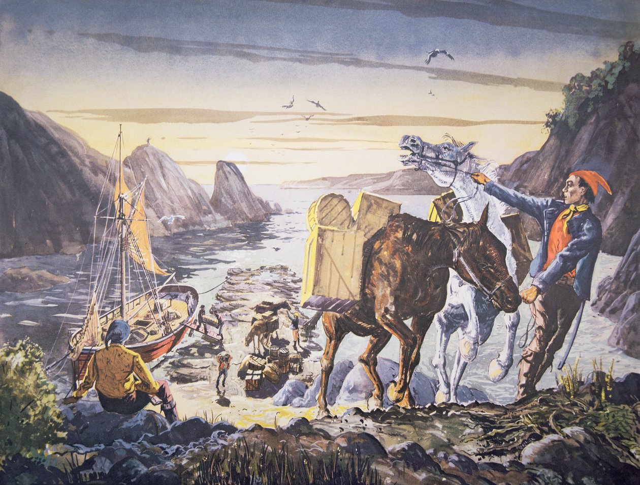 Csempészek, akik csempészt raknak pónikra a szárazföldi utazáshoz (litho) alkotó: English School