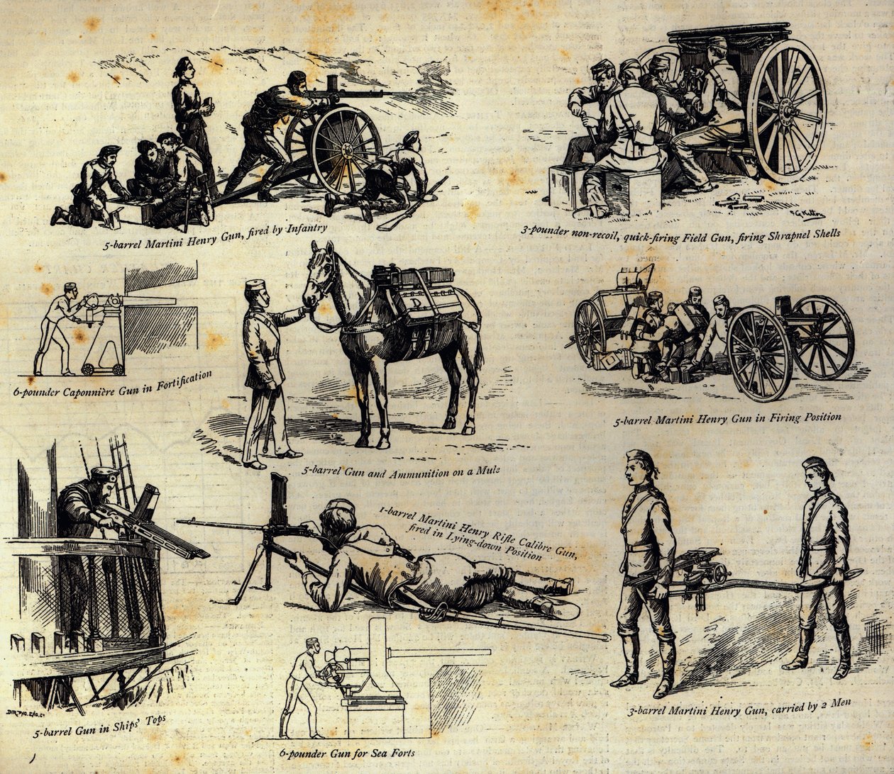 A Nordenfelt fegyver néhány fajtája, amelyeket jelenleg a hadseregben és a haditengerészetben használnak, a The Graphicból, 1886. április 10. alkotó: English School