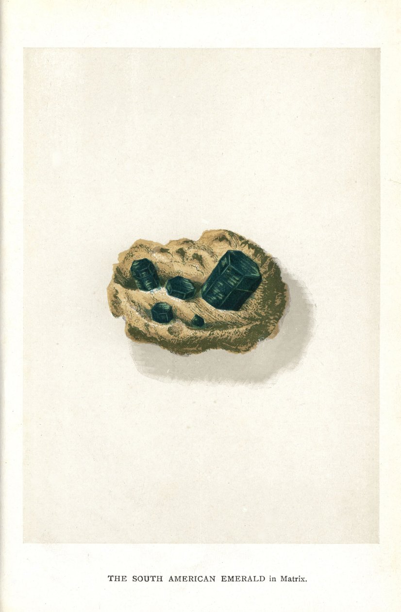 Dél-amerikai smaragd mátrixban, Edwin Streeter "Precious Stones and Gems" című művéből, London, George Bell & Sons alkotó: English School
