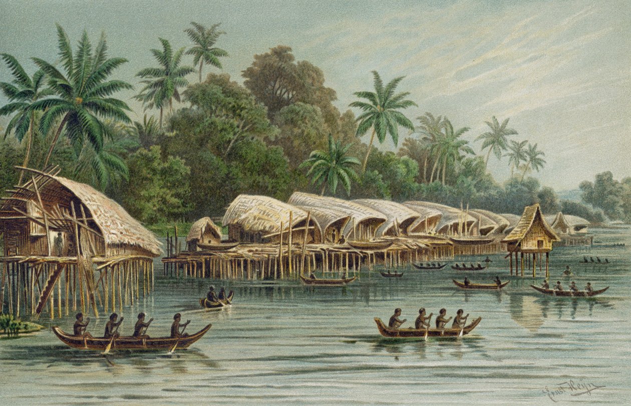 Sowek, egy cölöpfalu Új-Guinea északi partján, Friedrich Ratzel professzor, The History of Mankind, 1. kötetéből, 1896 alkotó: English School