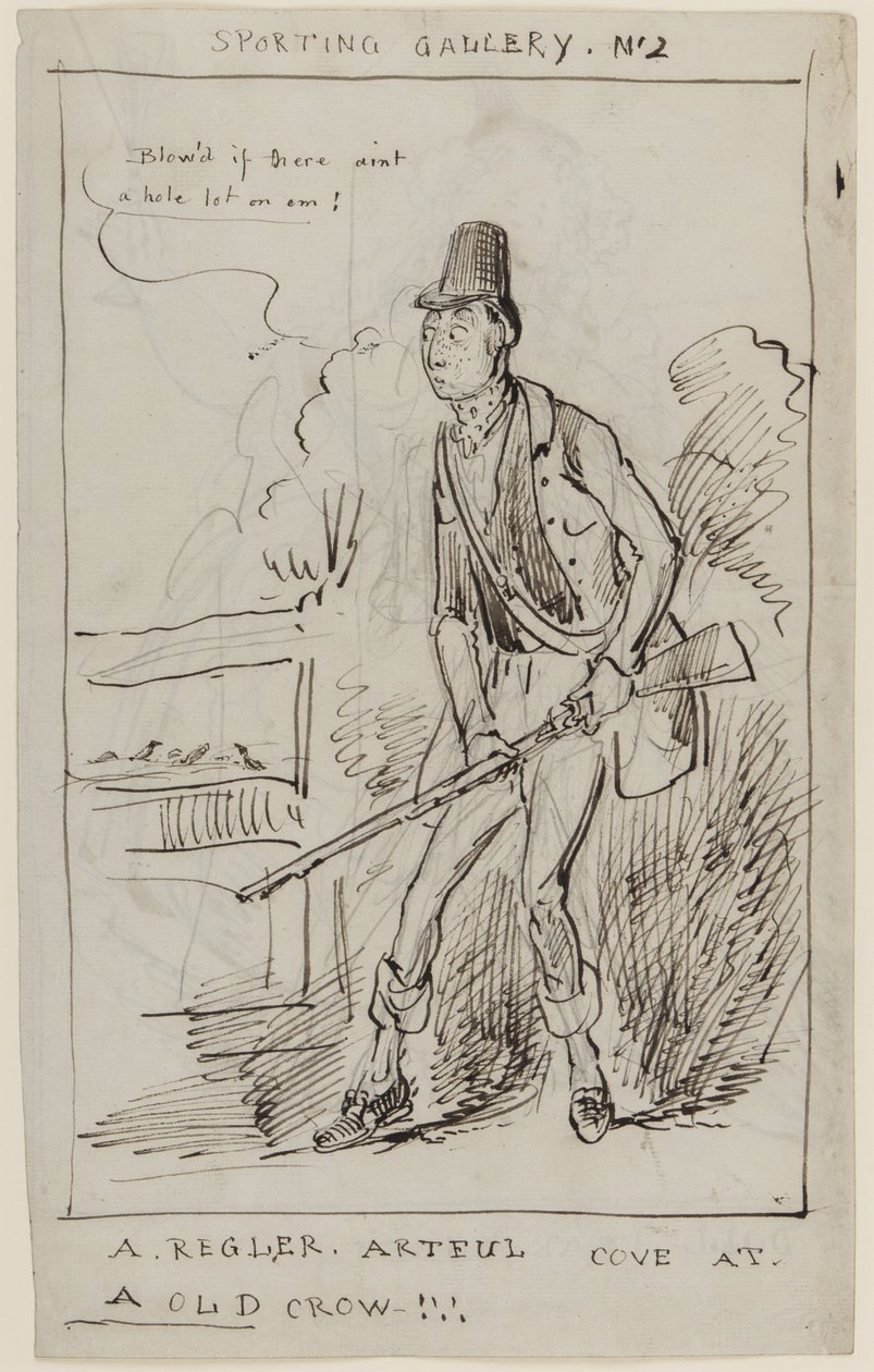 Sporting Gallery No.2, A Regler, Artful Cove at a Old Crow, 1825 körül (toll és tinta papíron) alkotó: English School