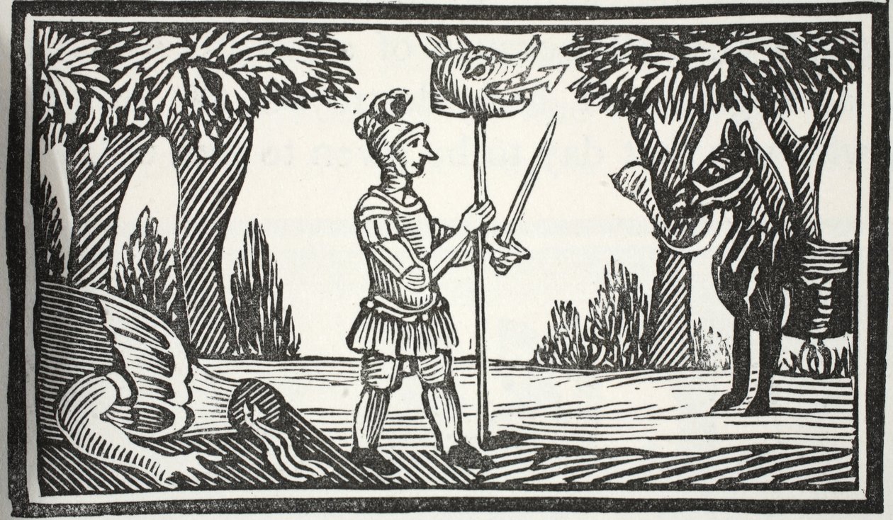 Szent György a sárkányok fejével, illusztráció a Chap-books of the Eightenth Century-ből, John Ashton, pub. 1882 alkotó: English School
