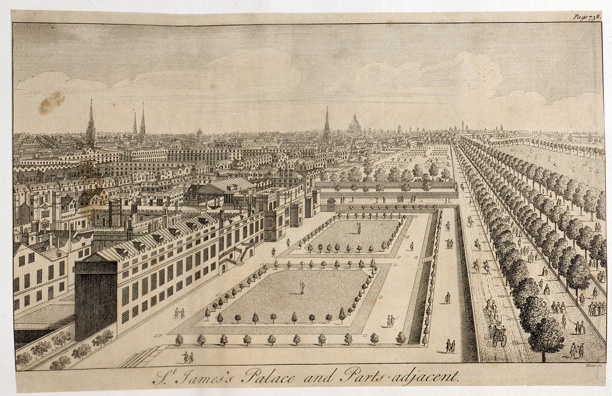 A Szent Jakab-palota és a szomszédos részek, William Henry Toms (1700-50 körül) metszete alkotó: English School