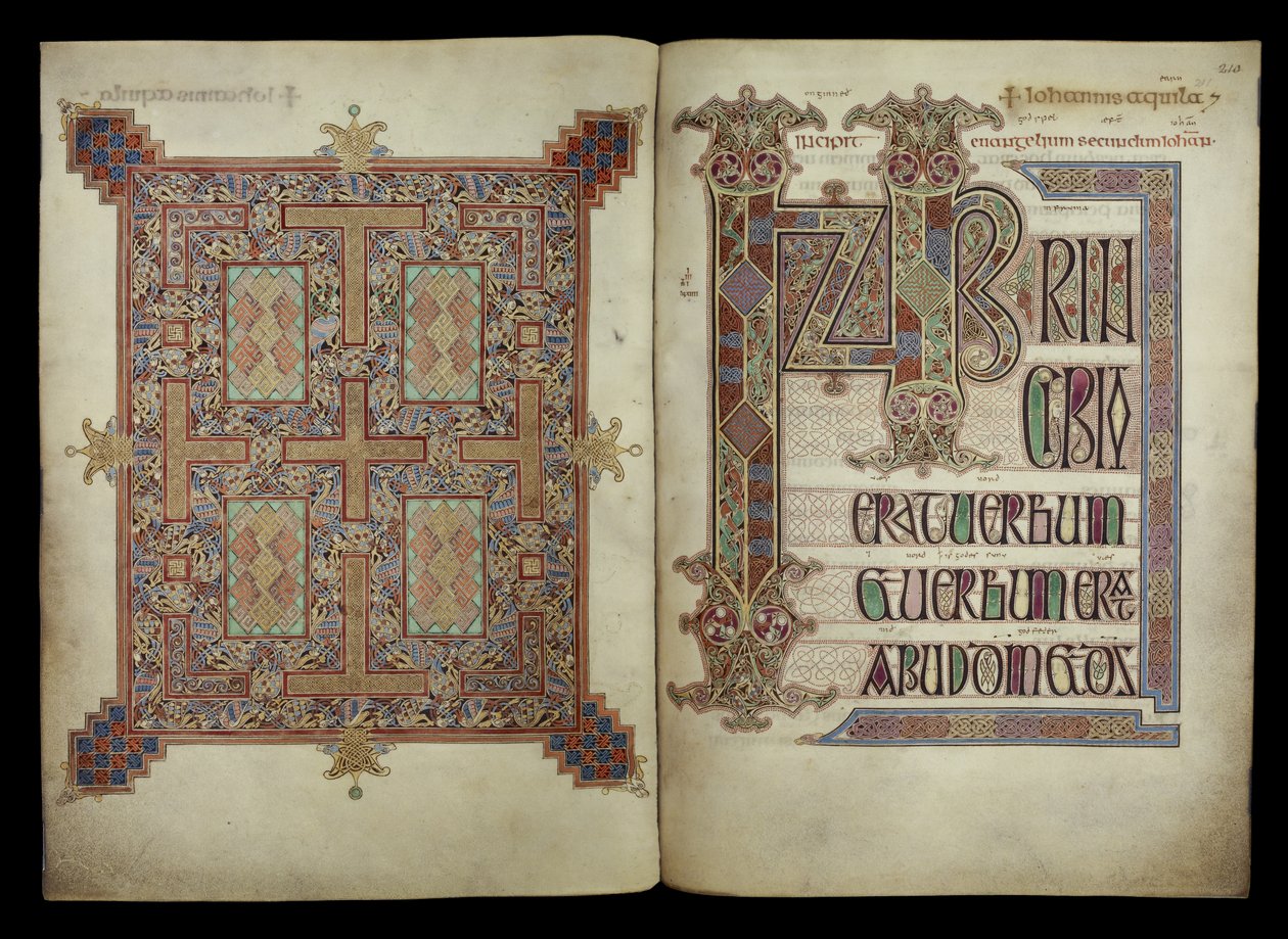 Szent János evangéliuma; szőnyeglap és incipit lap, Cotton Nero D. IV, f.210v és f.211r a Lindisfarne-i evangéliumokból, 710-721 (pergamen). alkotó: English School