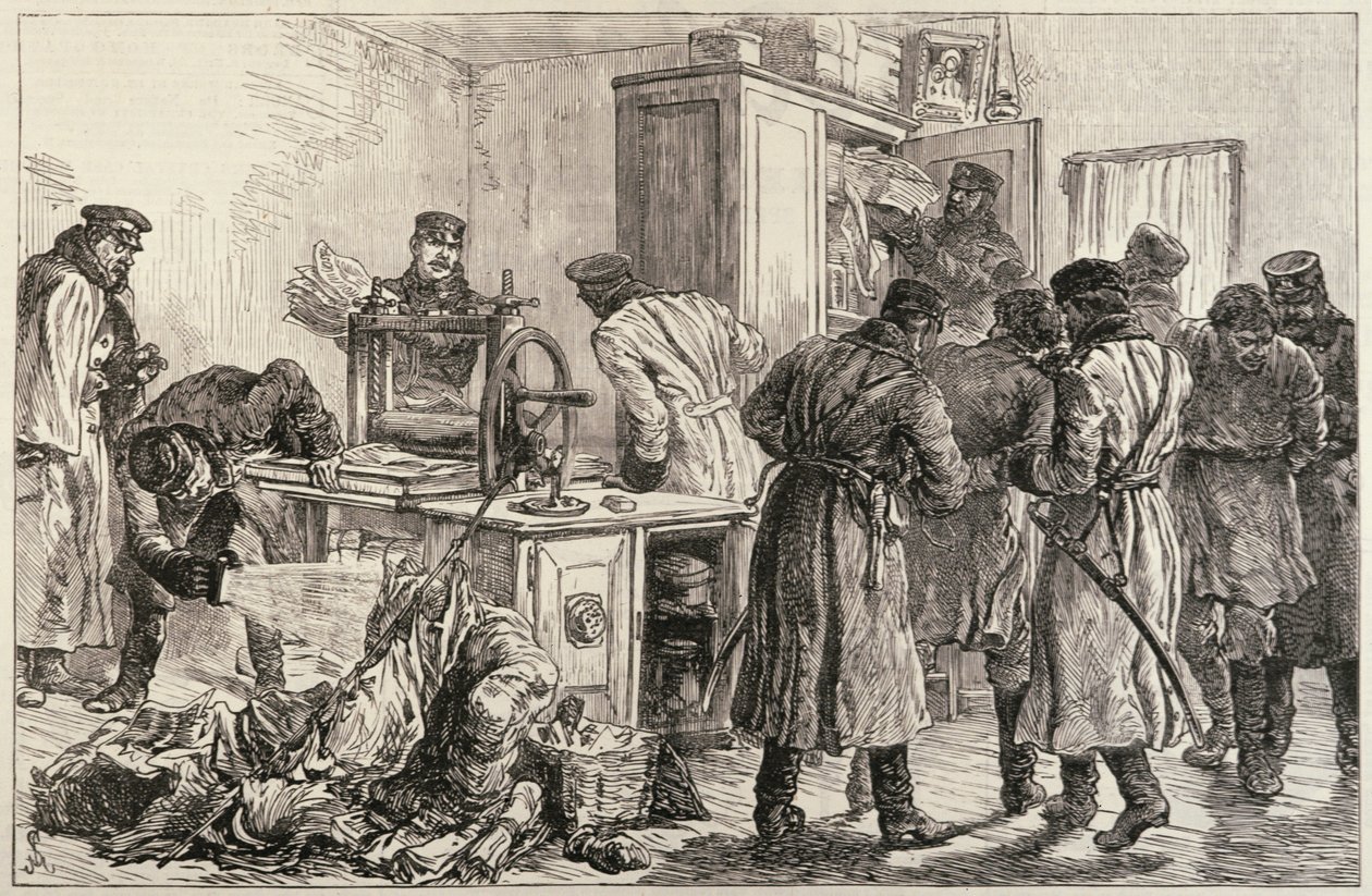 A szentpétervári rendőrség egy nihilista nyomdát fedez fel, a „The Illustrated London News”-ból, 1887. április 16. alkotó: English School