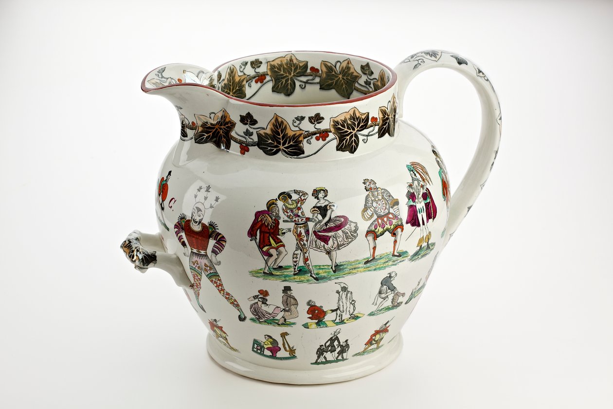 Harlekin figurákkal és karneváli témával díszített Staffordshire kancsó, 1866 (vaskő Kína) alkotó: English School