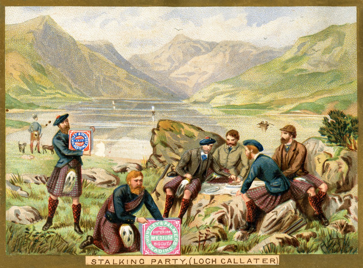Stalking Party, Loch Callater, a Huntley & Palmers Biscuits promóciós kártyája, 1890 körül (színes litho) alkotó: English School
