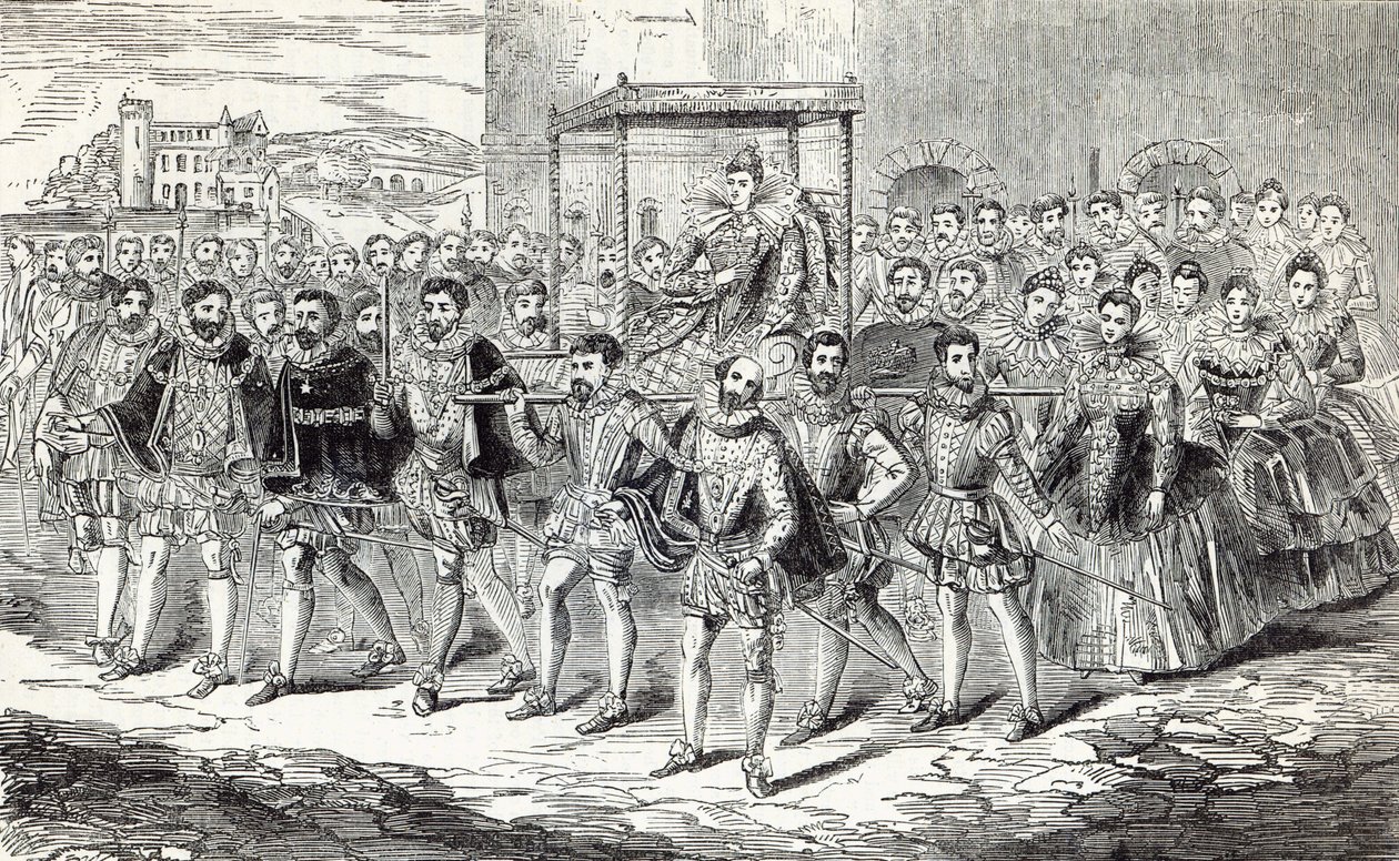 Erzsébet királynő állam előrehaladása, illusztráció a „Cassell illusztrált angliai történelméből” alkotó: English School