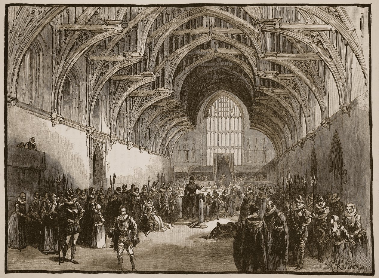 Állami per a Westminster Hallban Elizabeth idejében, illusztráció a Cassells Illustrated History of Englandből alkotó: English School