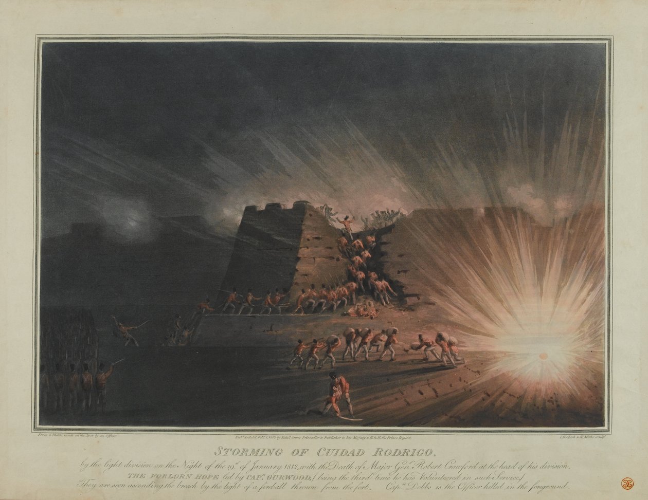 Ciudad Rodrigo megtámadása a Light Hadosztály által 1812. január 19-én éjjel, metszett J.H. Clark és H. Merke, 1815 februárjában jelent meg (színes akvatinta) alkotó: English School