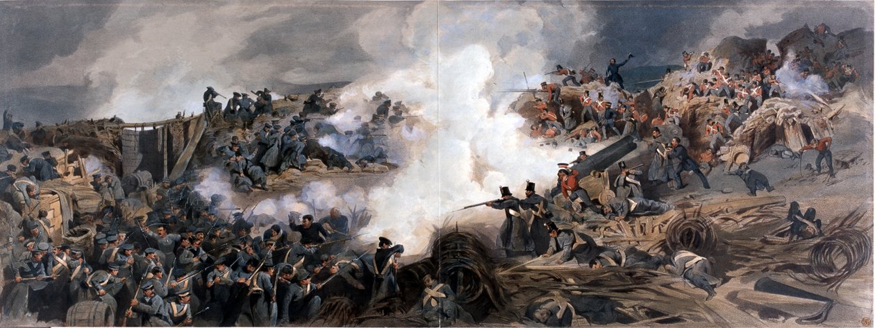 A Nagy Redán megrohamozása, Sebastopol, 1855, a The Officers Portfolio of the Striking Reminiscences of the War from rajzokból, fényképekből és feljegyzésekből, a helyszínen készült, teljes képekké alakítva alkotó: English School